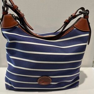 EUC Dooney & Bourke Blue & White Striped Canvas Satchel w/adj. Shoulder Strap.